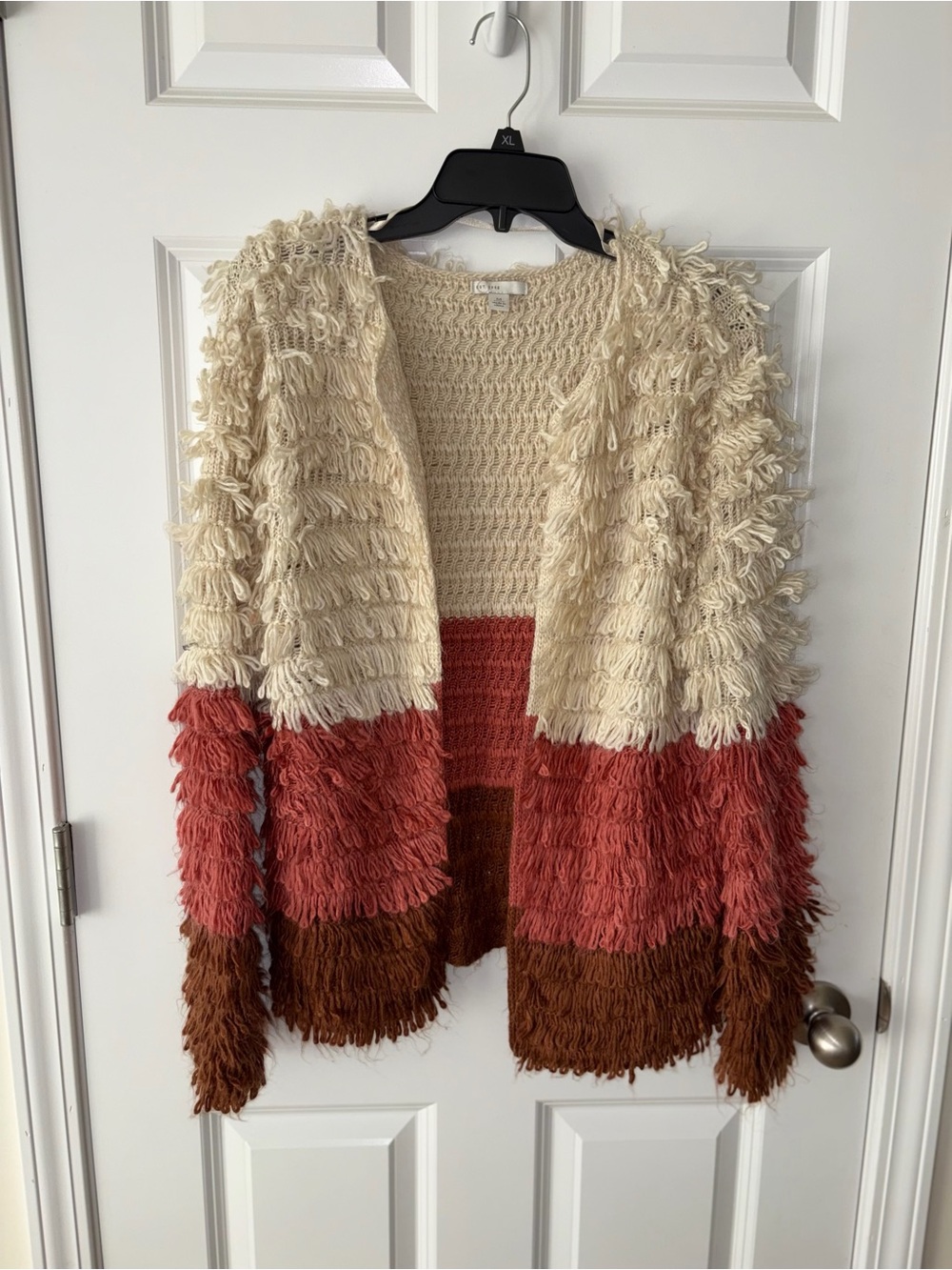 Cream, Coral & Brown Textured Fringe Open Cardigan Sweater
